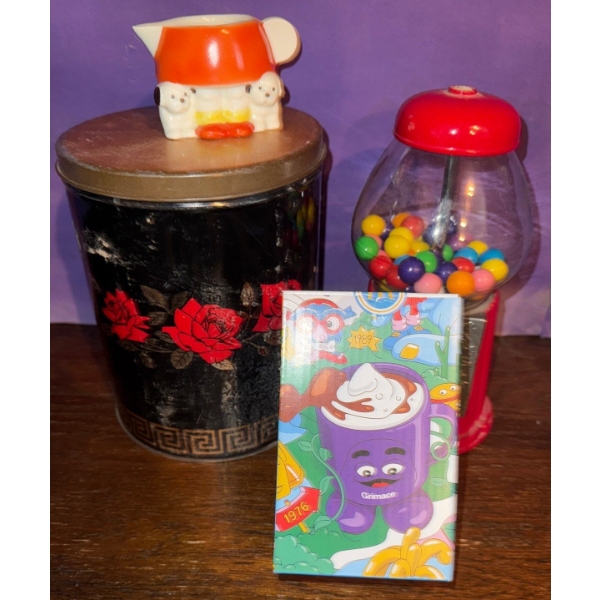 Vintage Rose Tin, Goebel Creamer, Gumball Machine & Collectible McDonalds Cup