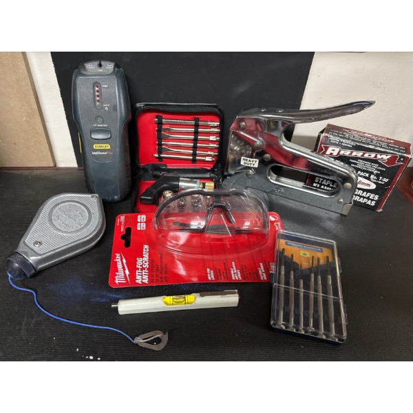 Stud Finder, Heavy Duty Stapler, Staples, Chalk Line, Screwdrivers, Saftey Googles & Level