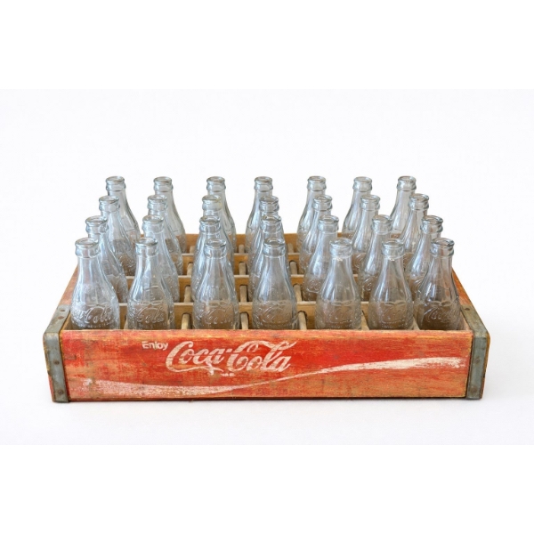 Large Coke Bottle Collection from 50s - 60s with antique Vintage Wooden Case all in great shape .