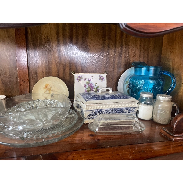 Blue Carnival Glass Pitcher, Glass Servers