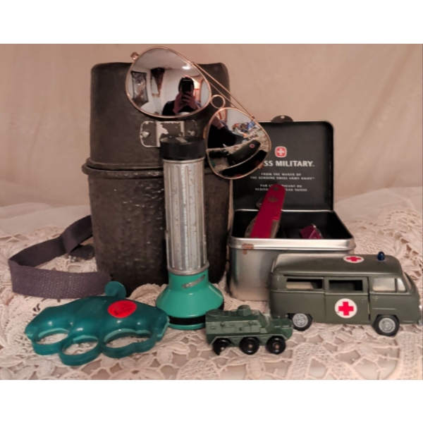 Military Momentoes - Vintage Hip Flask Aviator Eyewear Antique Flashlight Swiss Army Knives & more