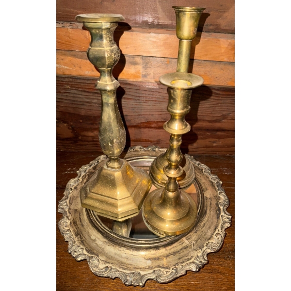 Vintage Brass Candleholder Set - Gold Toned Solid Brass w/ Mirrored Tray Antique