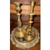 Image 1 : Vintage Brass Candleholder Set - Gold Toned Solid Brass w/ Mirrored Tray Antique