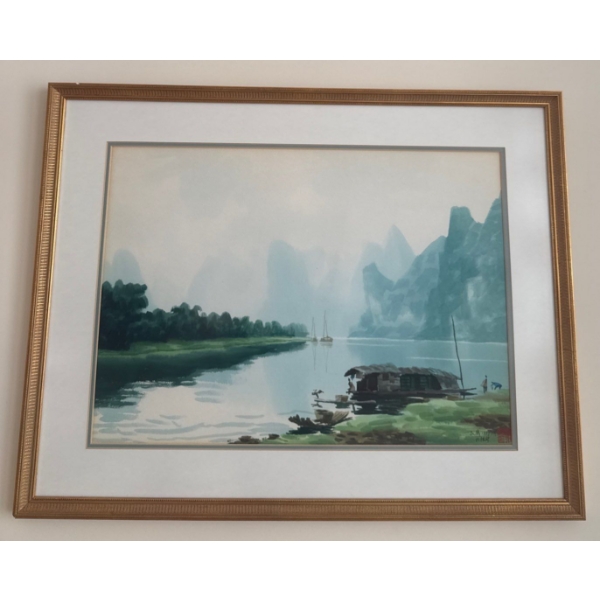 Original Signed Framed Watercolor Painting Depicting A Landscape Scene w/ A Boat & Figures 