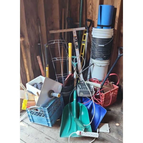 Shovels, Pails, Tomato Cages, Assorted Home Improvement Items and Gardening Tools