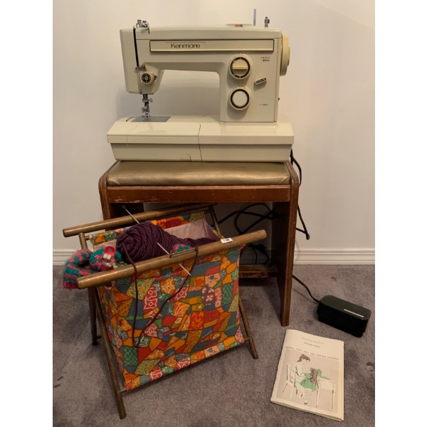Vintage Kenmore Sewing Machine & Sewing Supplies w/ Decorative Tote