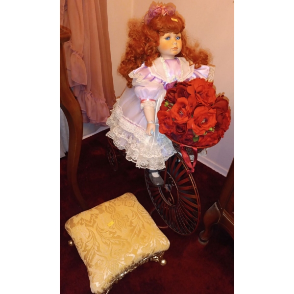Large Doll on a Bike Decoration Plus a Small Vintage Stool 