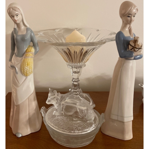Porcelain Milk Maids 12T w/ Cow Butter Keep & Crystal Candy Dish