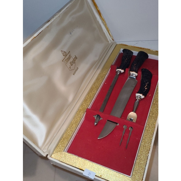 Abbott of England Stag Horn Carving Set w/ Sharpener and Box
