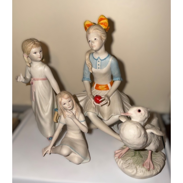 Cybis Figurines: Sitting 4 T, Holding Doll 6.5 T, Apple 7.5, Bird 4.5 T 