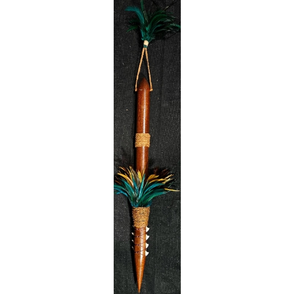 Hawaiian Art Piece with 8 Genuine Shark Teeth and Feather Accents, 29 Inches Tall