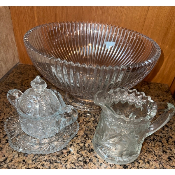 Vintage Jeannette Glass 'Anniversary' Pattern Ribbed Punch Bowl w/ Cream & Sugar 