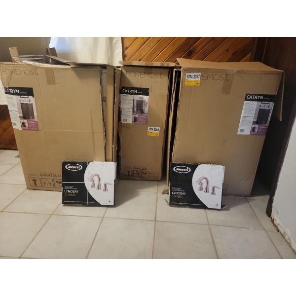 New 5 Piece Walnut Vanity w/ Quartz Top 60x35 CANVT2534 (2) CANF1234 (1) w/ Jacuzzi 0749690 Faucets