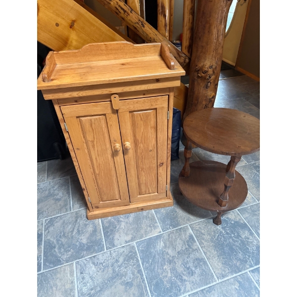 Wooden bookshelf 22” wide 9” depth 36” height and small vintage round coffee table 23 Height 16” wid