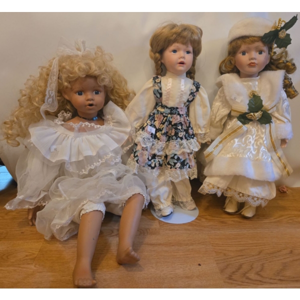 Porcelain Dolls: Caroler, Cottage Chic, Farm Girl. Tallest is 21T 