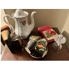 Image 1 : vintage teapot with two small vintage leather bound bibles, and set of for tea, cups, and saucer and