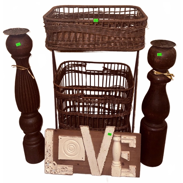 Wicker Double Basket Stand, Pair of Wooden Candle Holders, and Decorative 'LOVE' Sign