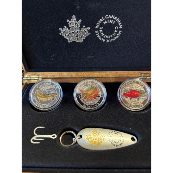 2016 $20 Canadian Salmonid - Pure Silver 3 Coin Set with Display Case & Fishing Hook $749.00 Retail