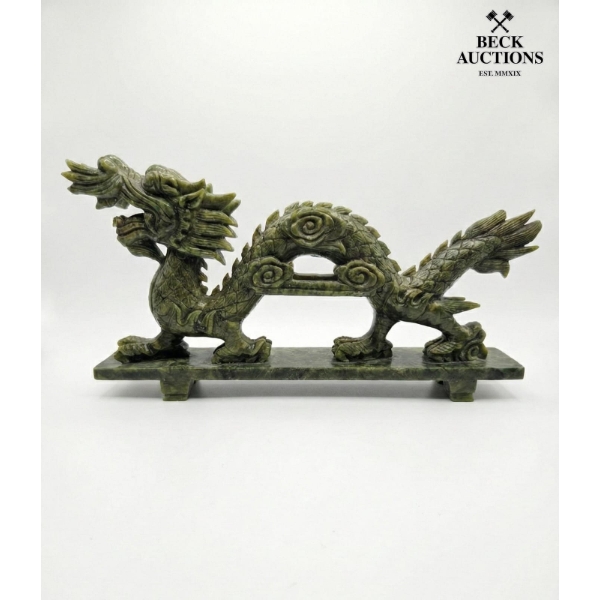 Hand-Carved Chinese Dragon Statue Made From Green Stone 10.5 IN Tall