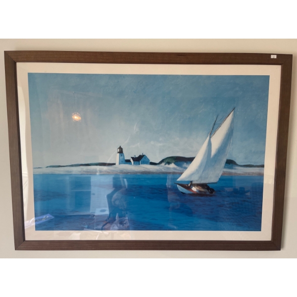 Large Sail Boat & Light House with Beautiful Shore Print Framed Art for The Modern Home 