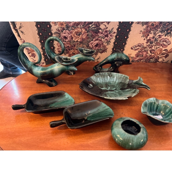 vintage mid-century modern Blue Mountain Pottery ornate curled candleholders, dolphin, fish, ashtray