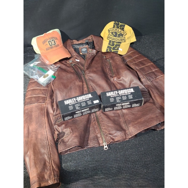 Harley Davidson: Brown Leather Jacket(Fits Large), Baseball Hats, Safety Eyewear and Pin 