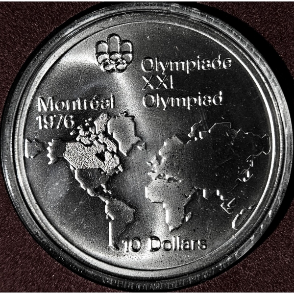1973 $10 Montreal Summer Olympic Games - Map of the World - 92.5% Sterling Silver Coin