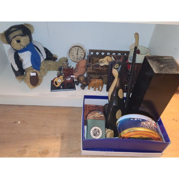Assorted Household Decor Including: Pilot Teddy Bear, Carved Wood Faces 10 T, Wooden Cat and More!
