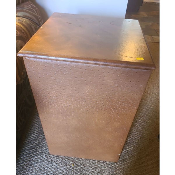 Ostrich Grain Fabric Cover Wooden Table (26"T, 16"W, 16"D, top is not attached/ repair required)