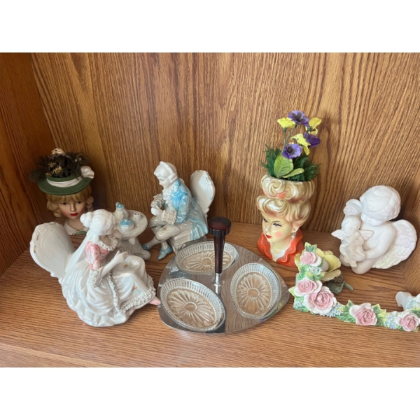 2x vintage ceramic lady head vase, likely from the 1950s or 1960s, vintage Glo-Hill relish tray, spe