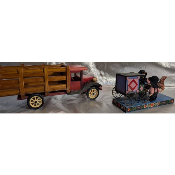 Ceramic Horse-Drawn Carriage Sculpture and Wooden Rolling Truck Display