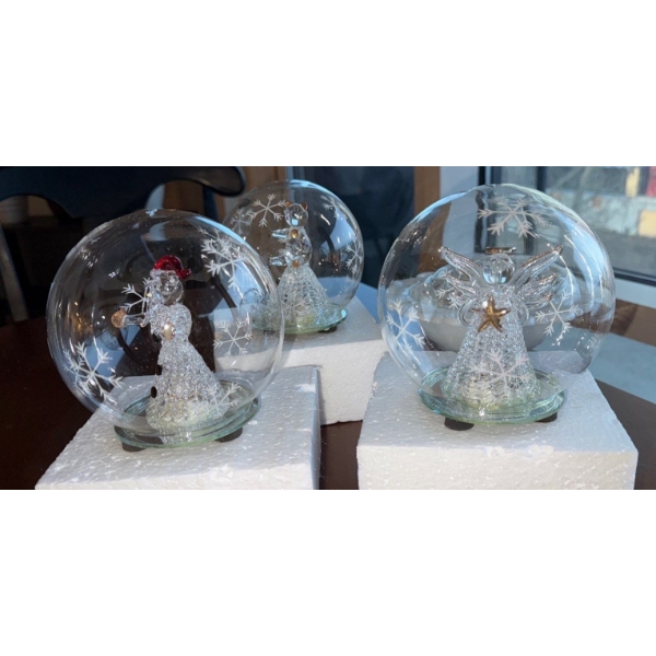 Milk glass Serving Tray & Three Snow Globe Ornaments