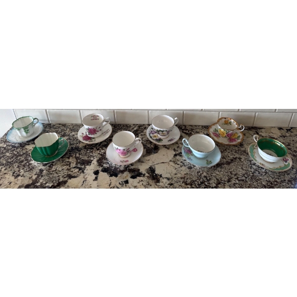 8 Pc China Teacup & Saucers - Aderley, Aynsley, Springfield, Victoria, Melba, Consort
