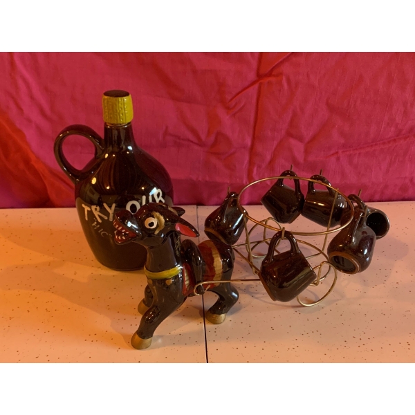 Vintage Handmade Pottery Set With Whiskey Jug Donkey and Mini Shot Glasses