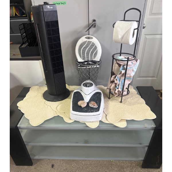 Glass Coffee Table, Two Fans, Bathroom Accessories, and Scale