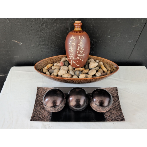 FatLava Stoneware Pottery Vessel w/ Fossil Rocks Decorative Spheres On Platter 15"Long 