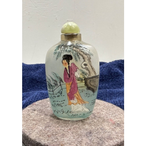 Hand Painted Lady Glass Snuff Bottle with Spoon 3H
