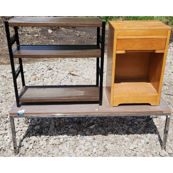 Utility: Coffee Table 52 W, 20 D, 16 T, Metal Shelving 27 W, 12 D, 27 T, Nightstand 16 W, 14 D, 26 T