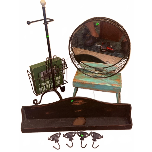 Home Decor Lot: Hooks, Shelf, Stool, Mirror, Rack