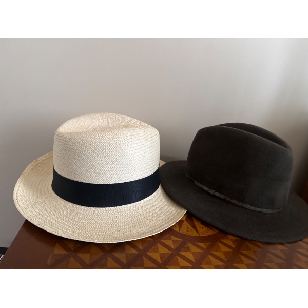 Hats: White Panama Straw Hat and Brown Felt Hat