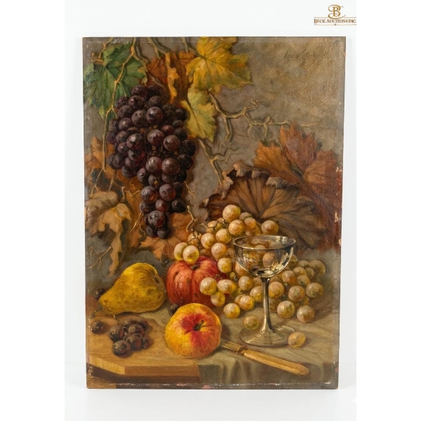 "Egon Stoitzner Wien" Oil Painting A Classical Arrangement Of Grapes, Pears,& Apples Beside A Glass