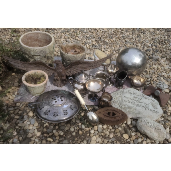 Garden Decor Lot With Planters, Eagle, Metalware, Stones, Cast Iron