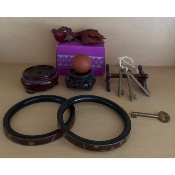 Rosewood Coy Fish w/ Brass Detailed Bangles Antique Skeleton Keys & More