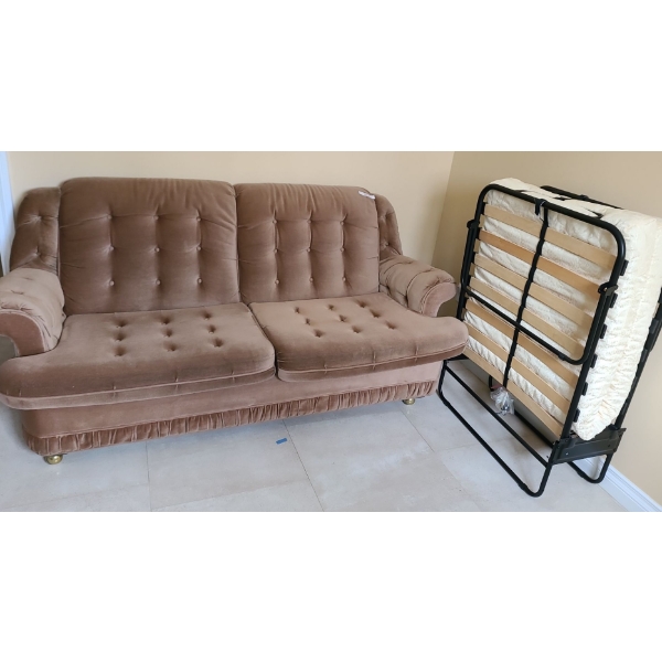 Brown Fold Out Velour Sofa Bed 70 w, 38 h, 39 d, also Includes a Folding Cot