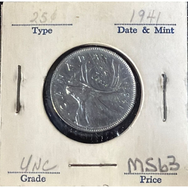 1941 MS63 UNC Canadian Quarter 80% Silver