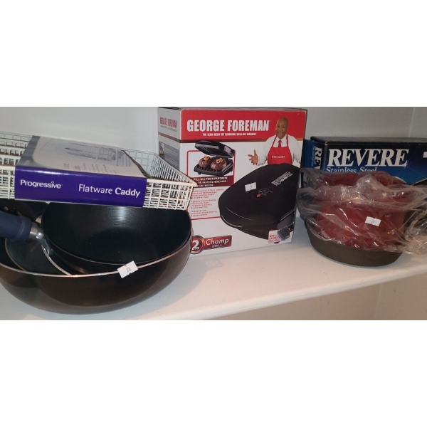 Flatware Caddy, Pans, George Foreman Grill, Pasta Pot, Revere Stainless Steel 2 Quart Steamer Insert