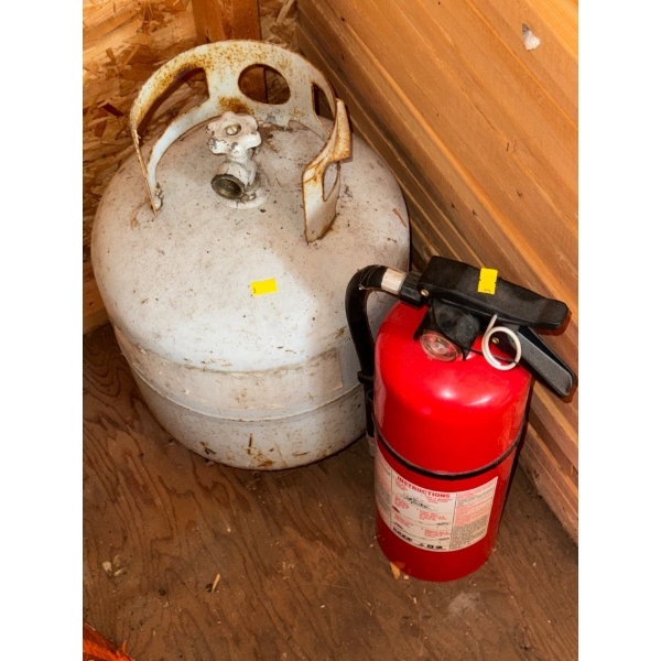 Set of Propane Tank (full) Plus a Fire Extinguisher, Extension Cords, Water Hose and more! 