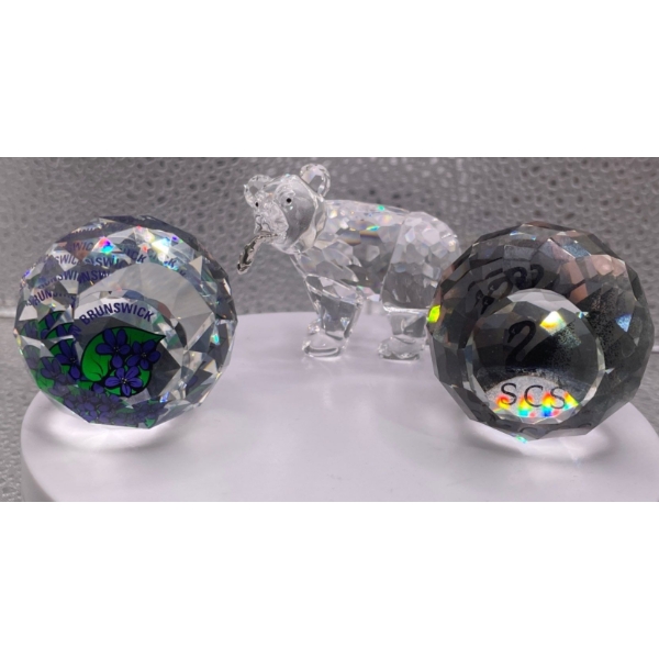 Swarovski Crystal Bear with a Fish in it's mouth and Crystal Orbs New Brunswick and Swarovski Logo