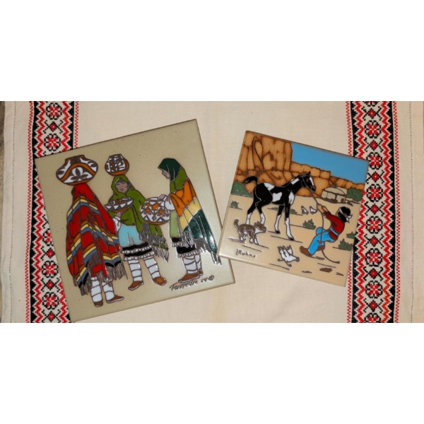 Hand Painted Ceramic Tiles By Cleo Teissedre From Tucson Arizona w/ Embroidered Tapestry