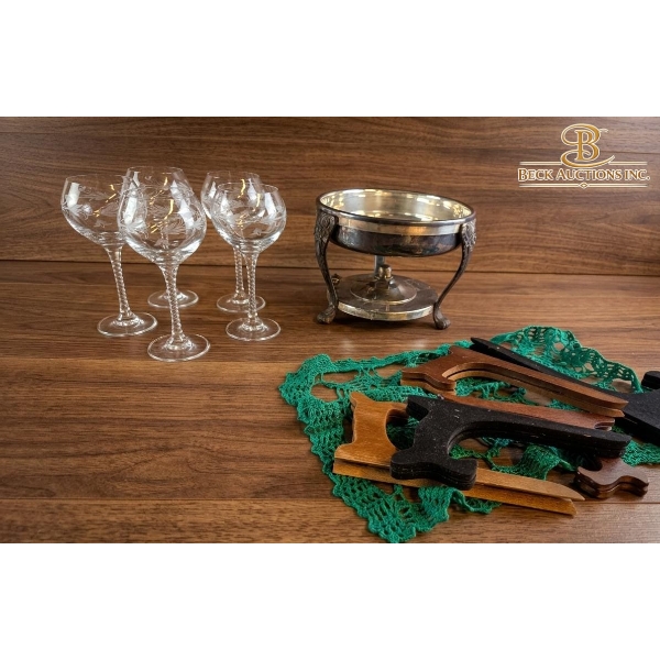 Vintage Crystal Hock Wine Glasses 8''INCHES H Metal Dish Holder Stand And Several Wooden Easels.